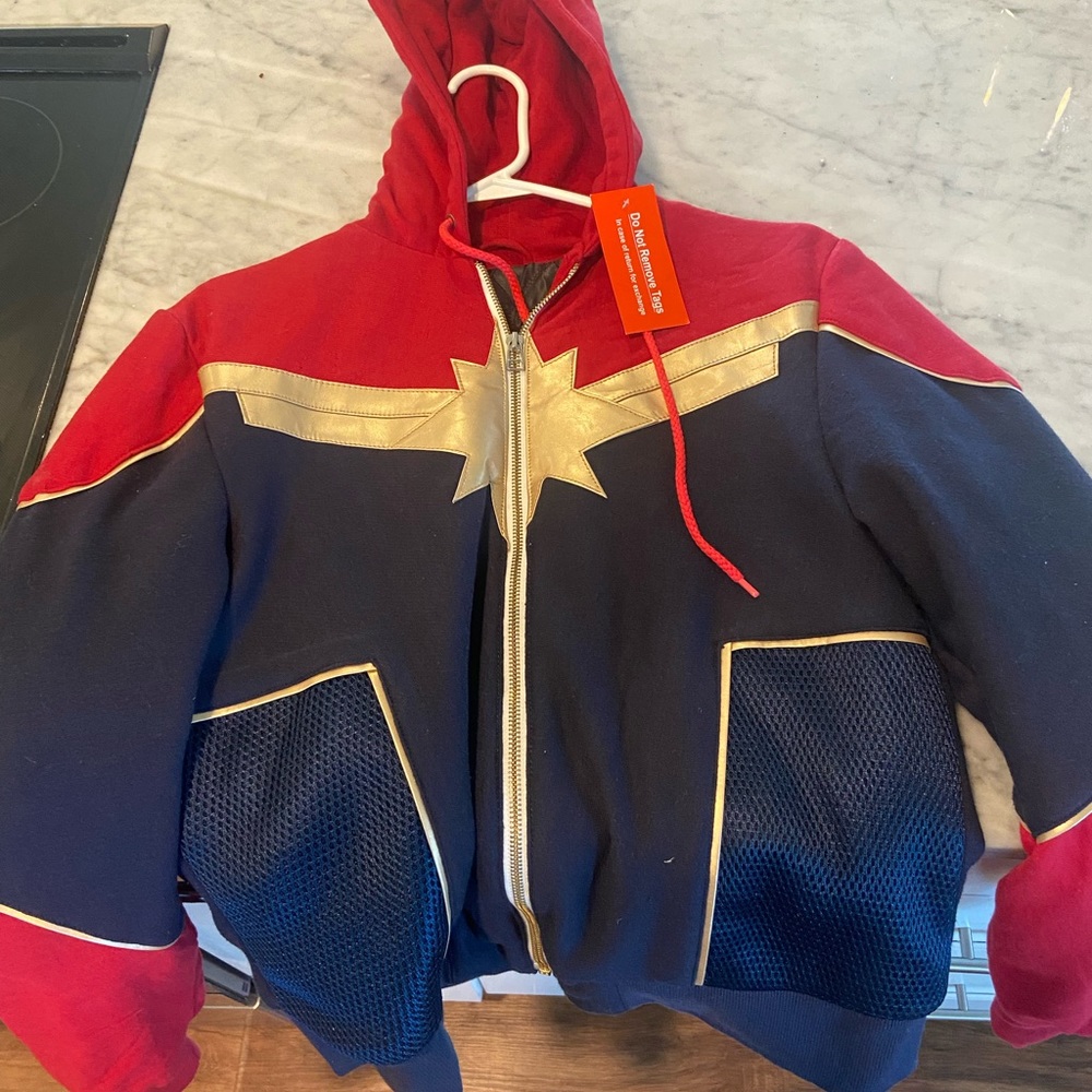 Gold, red and blue Captain Marvel jacket. Light weight but warm